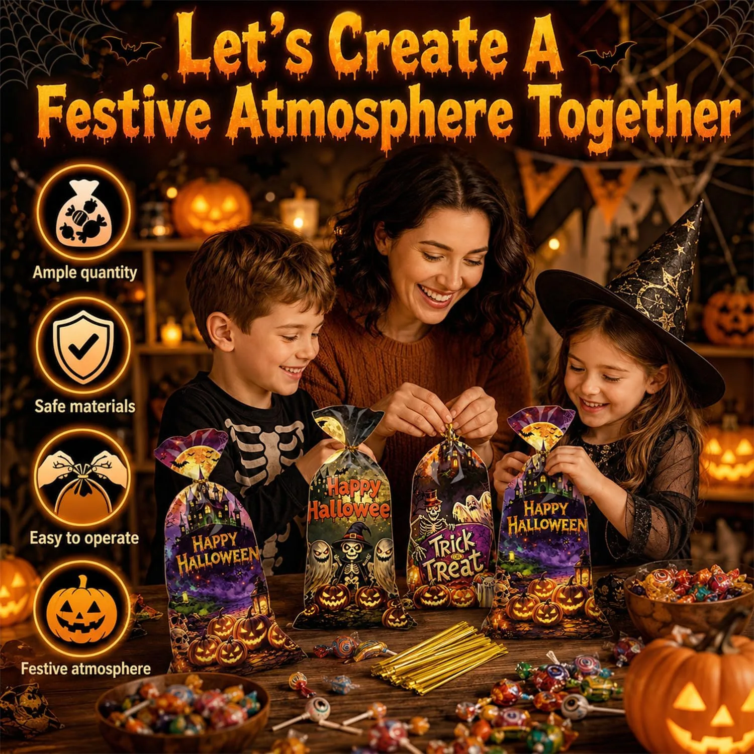100Pcs Halloween Sweet Bags, Halloween Trick or Treat Bags with Twist Ties