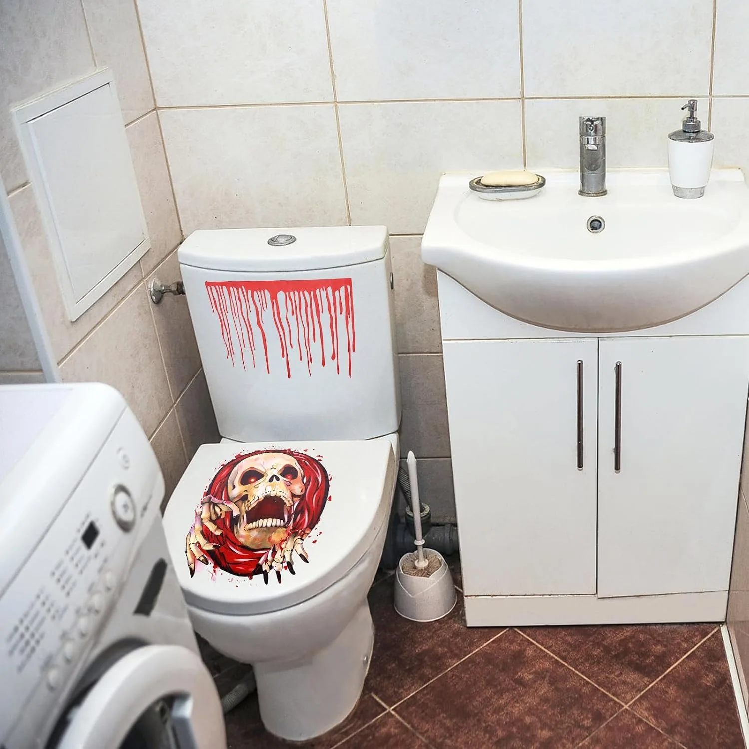 Halloween Toilet Seat Cover 3D, 23.62x12.20 Inch Scary Halloween Bathroom Decor DIY Bloody Toilet Decal Toilet Seat Lid Sticker Halloween for Halloween Theme Party Decorations