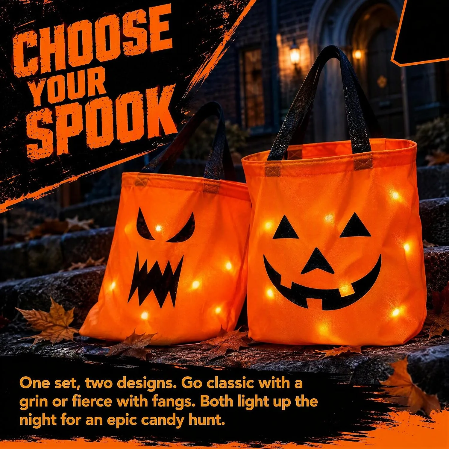 2Pcs LED Light Halloween Trick or Treat Bags,Light Up Pumpkin Candy Buckets