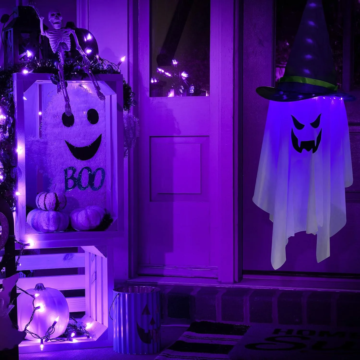 Jsdoin Halloween Decorations Hanging Ghost Lighted Flying Ghost Grim Reaper Skull Chains Glowing Ghost White Ghost Wizard Hat for Garden Yard Halloween Party Tree Door Lawn Party Supplies