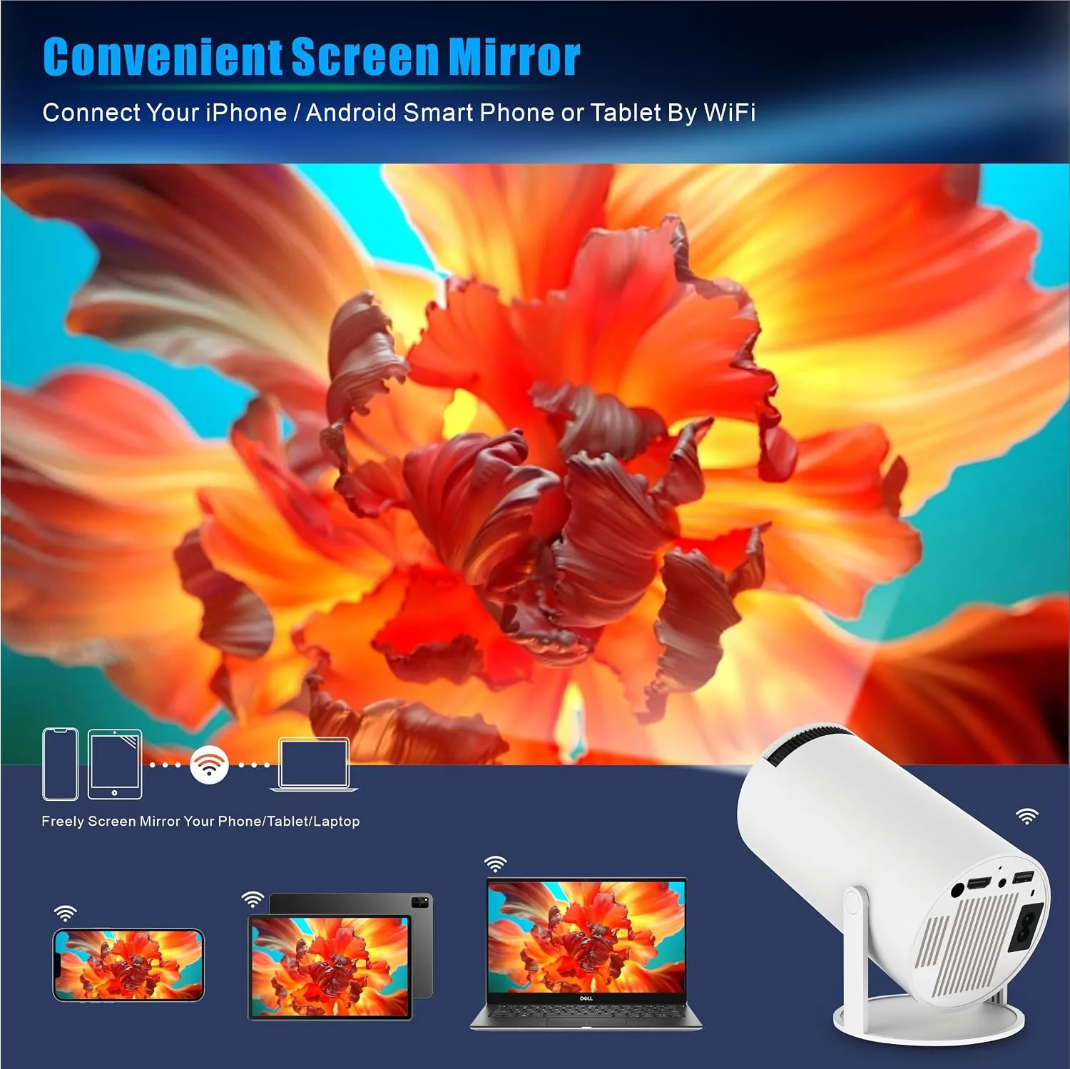 HY300 Mini Projector, Pro 4K Smart Projector with Automatic Keystone Correction, Portable, Android 11, Wi-Fi 6, Bluetooth 5, 180 Degree, 130 Inch Display (White)
