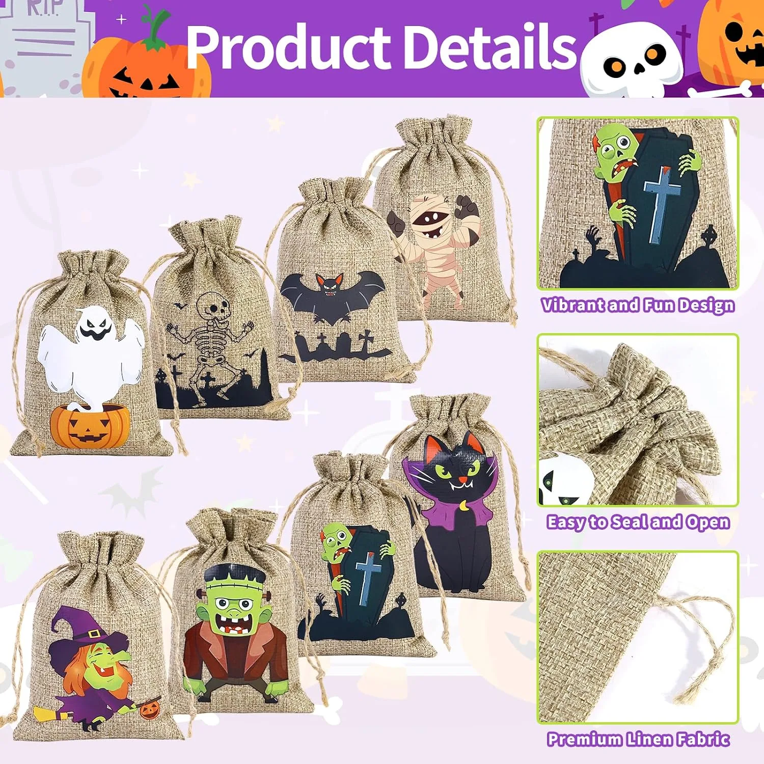24 Pack Halloween Burlap Bags with Drawstring for Gift Treat Goodies Bags