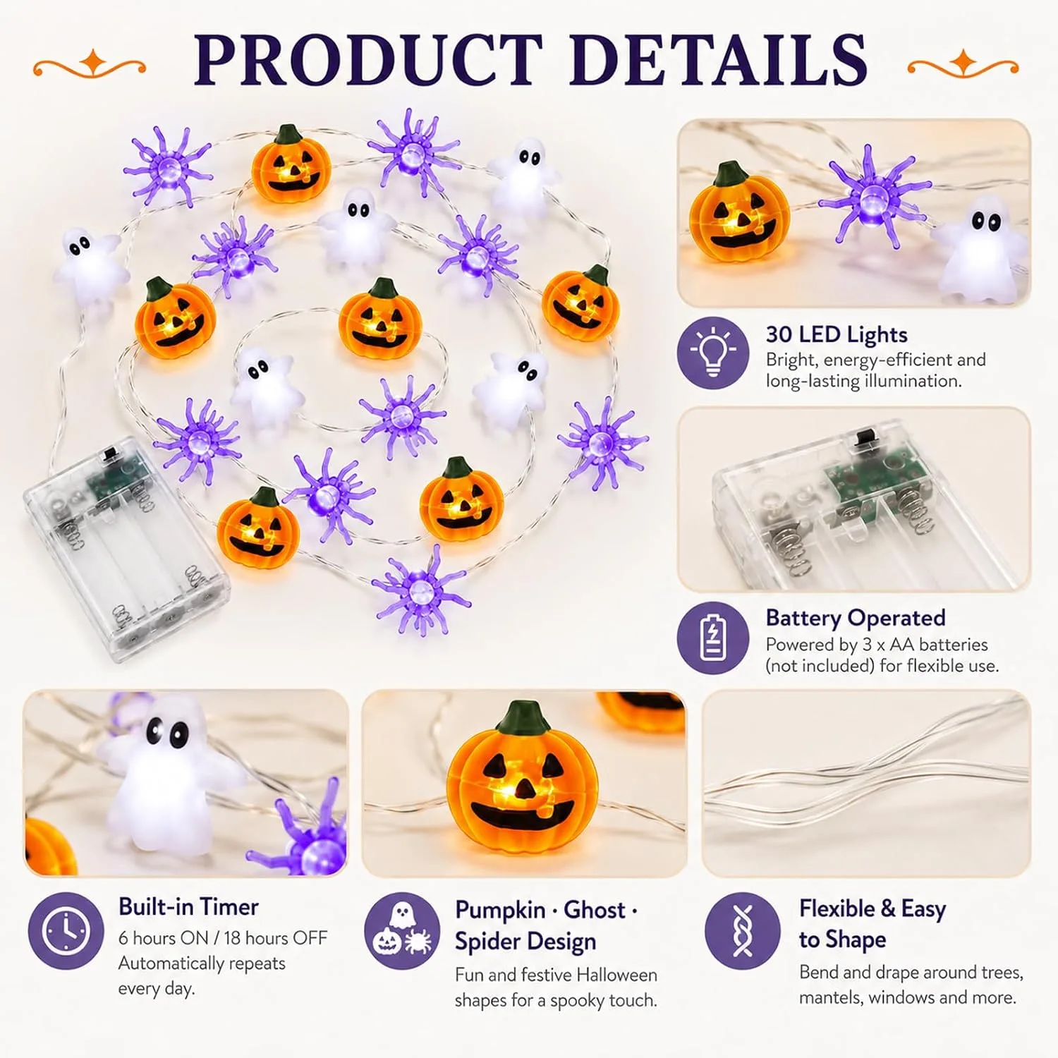 Halloween Decorations Lights, Halloween Fairy String Lights, 9.84ft 30 LED Spider Ghost Orange Pumpkin Fairy Lights Battery Operated for Indoor Outdoor Garden Fun Cute Pumpkins Light Decorations