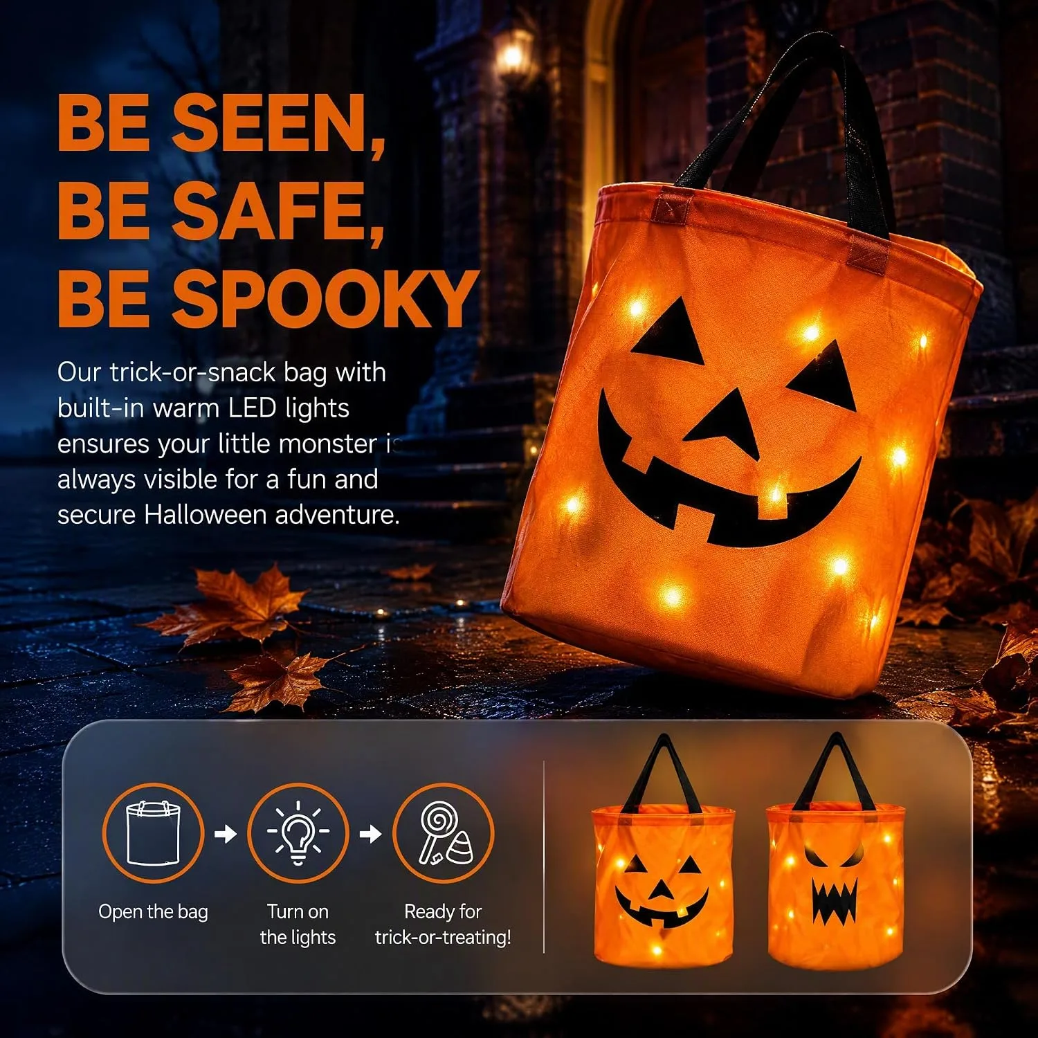 2Pcs LED Light Halloween Trick or Treat Bags,Light Up Pumpkin Candy Buckets