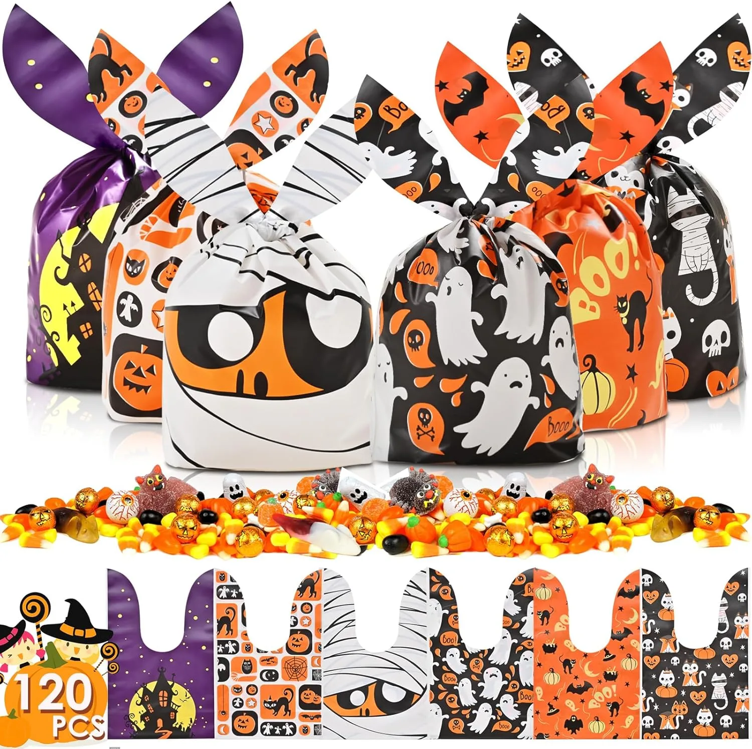 Ahfulife 200PCS Halloween Sweets Bags for Trick or Treating, Halloween Cellophane Candy Bags Treat Gift Bags with Twist Ties for Kids Party Decoration Supplies
