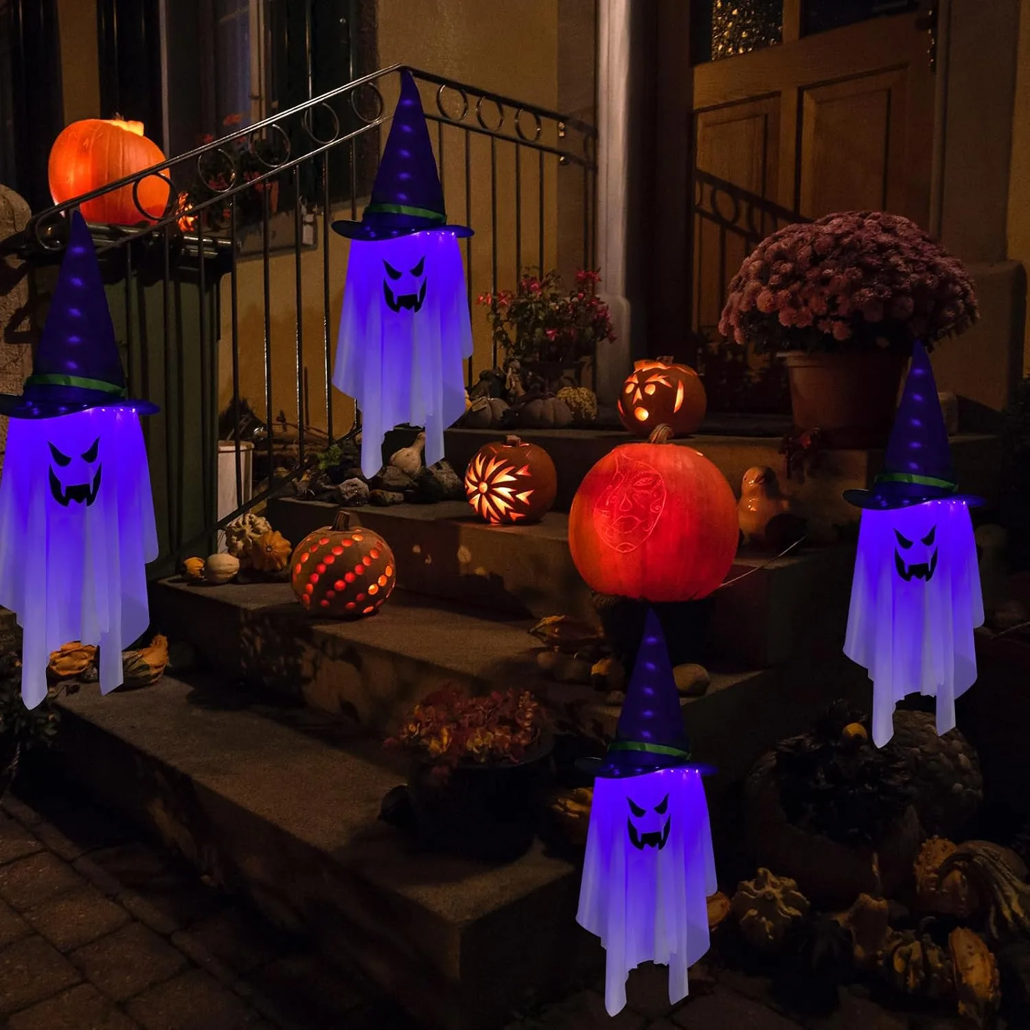 Jsdoin Halloween Decorations Hanging Ghost Lighted Flying Ghost Grim Reaper Skull Chains Glowing Ghost White Ghost Wizard Hat for Garden Yard Halloween Party Tree Door Lawn Party Supplies