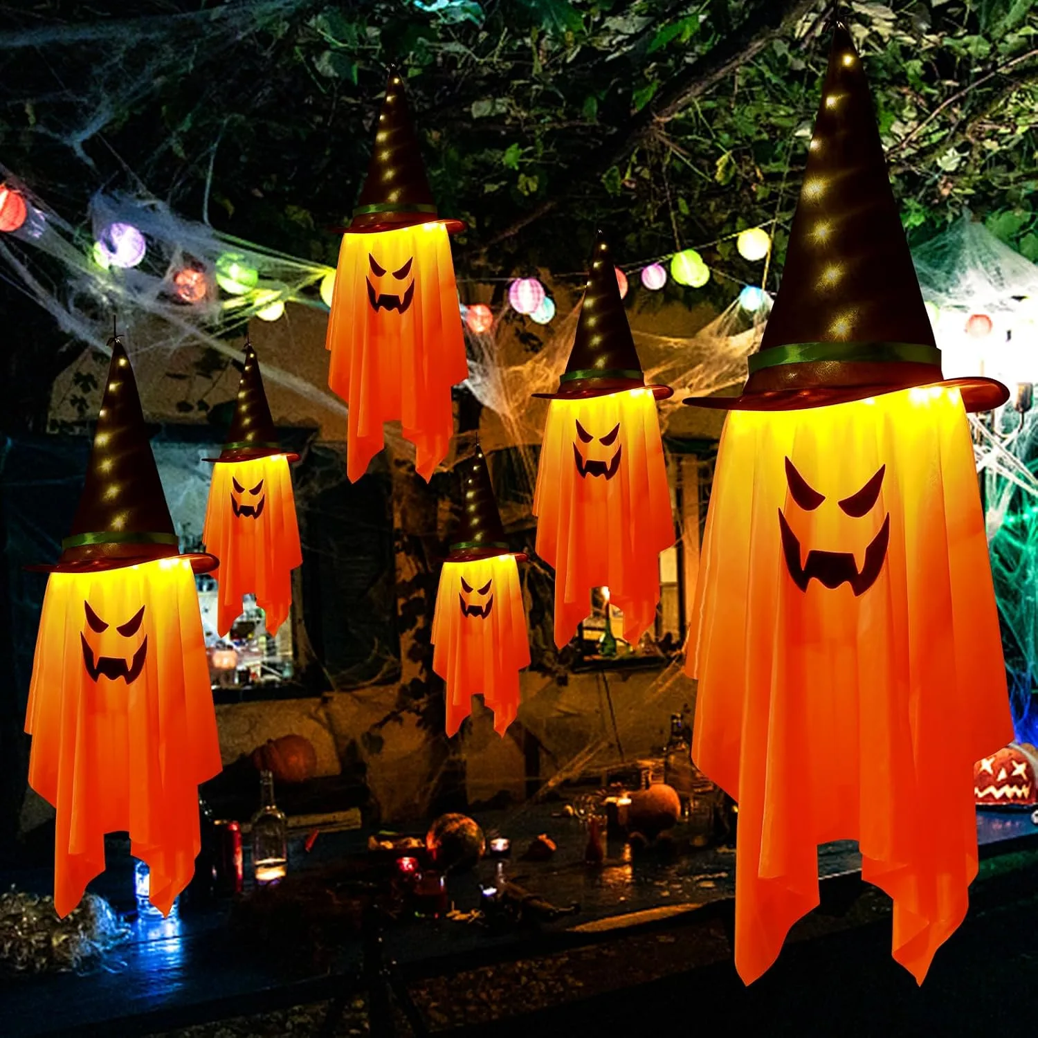 Jsdoin Halloween Decorations Hanging Ghost Lighted Flying Ghost Grim Reaper Skull Chains Glowing Ghost White Ghost Wizard Hat for Garden Yard Halloween Party Tree Door Lawn Party Supplies