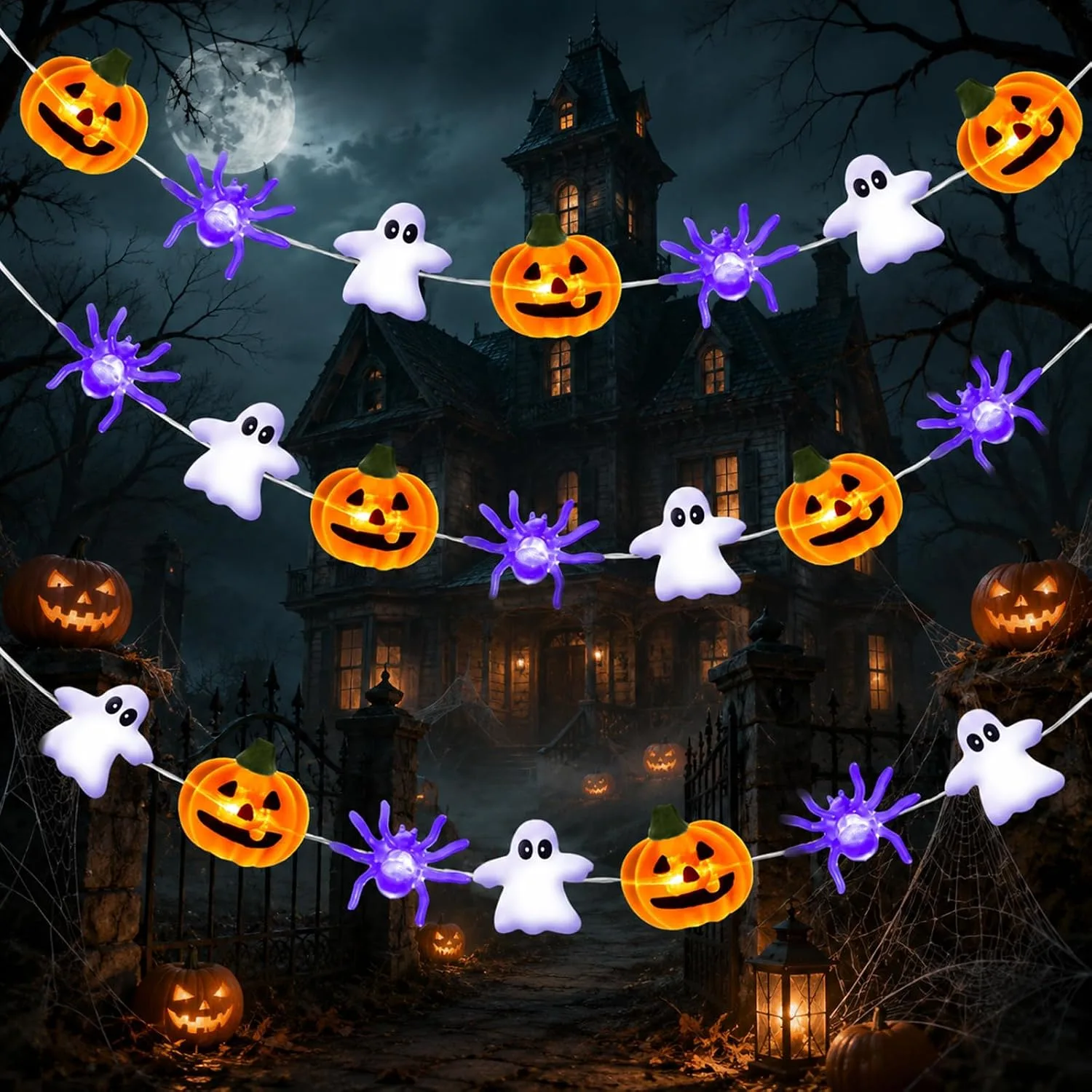 Halloween Decorations Lights, Halloween Fairy String Lights, 9.84ft 30 LED Spider Ghost Orange Pumpkin Fairy Lights Battery Operated for Indoor Outdoor Garden Fun Cute Pumpkins Light Decorations