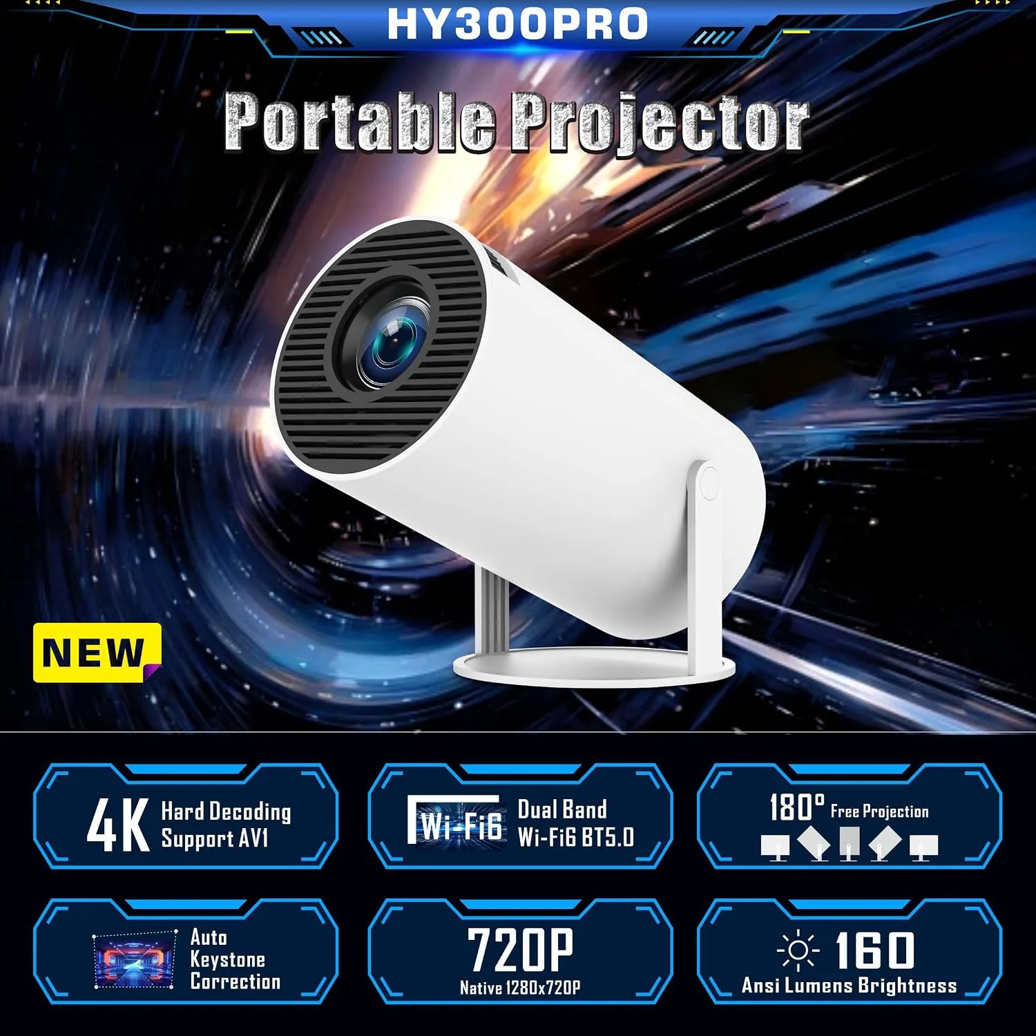HY300 Mini Projector, Pro 4K Smart Projector with Automatic Keystone Correction, Portable, Android 11, Wi-Fi 6, Bluetooth 5, 180 Degree, 130 Inch Display (White)
