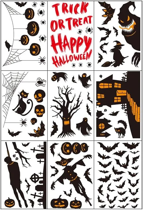 Halloween Window Stickers, 9 Cute and Spooky Designs, Self‑Adhesive Removable PVC Decals for Haunted House Indoor and Outdoor Decor