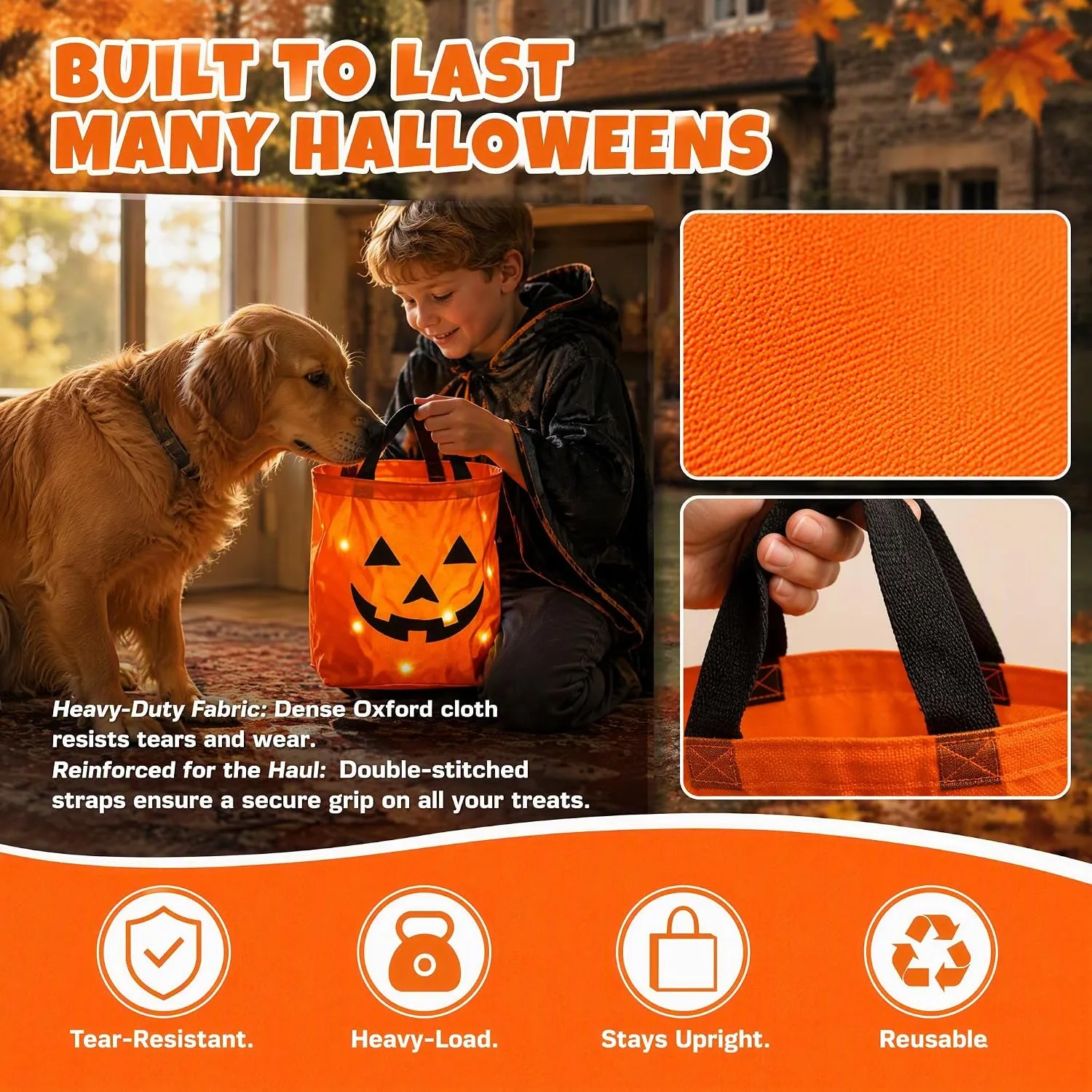 2Pcs LED Light Halloween Trick or Treat Bags,Light Up Pumpkin Candy Buckets