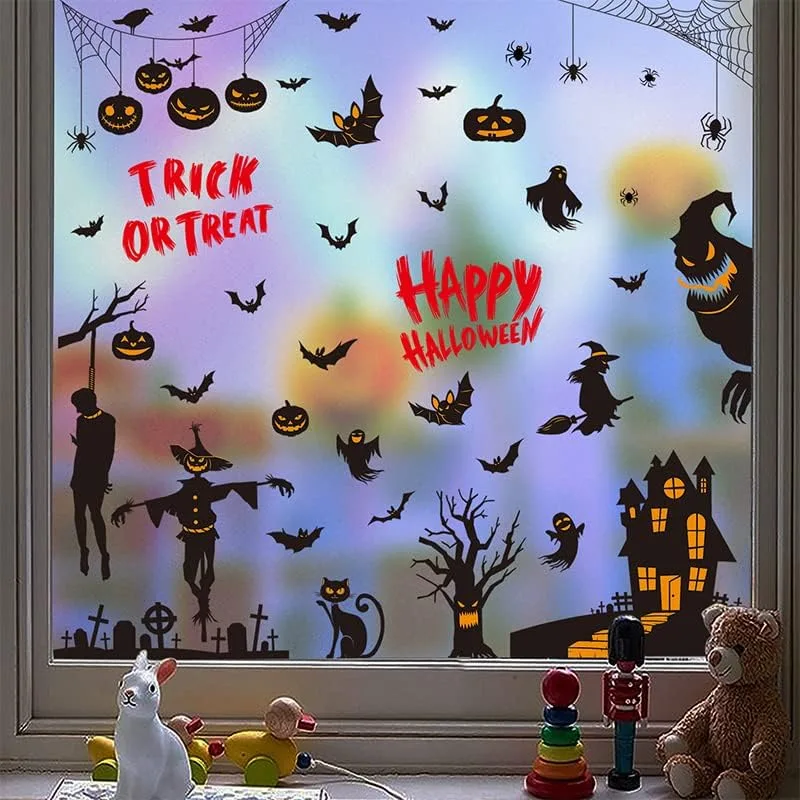 Halloween Window Stickers, 9 Cute and Spooky Designs, Self‑Adhesive Removable PVC Decals for Haunted House Indoor and Outdoor Decor
