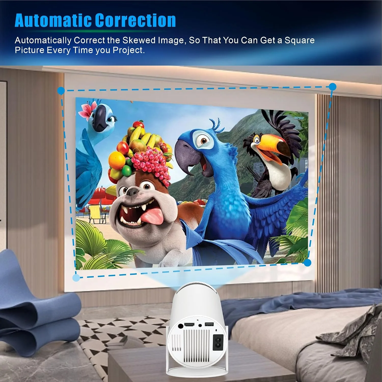 HY300 Mini Projector, Pro 4K Smart Projector with Automatic Keystone Correction, Portable, Android 11, Wi-Fi 6, Bluetooth 5, 180 Degree, 130 Inch Display (White)