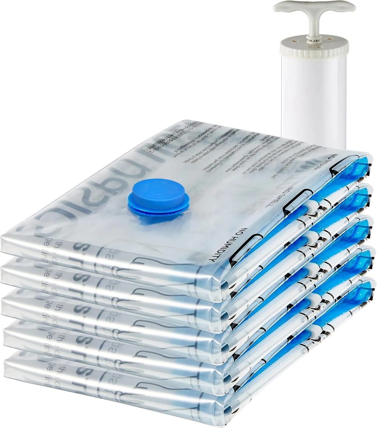 Amazon Basics Vacuum Compression Zipper Storage Bags with Airtight Valve and Hand Pump, Jumbo, 6-Pack, Clear