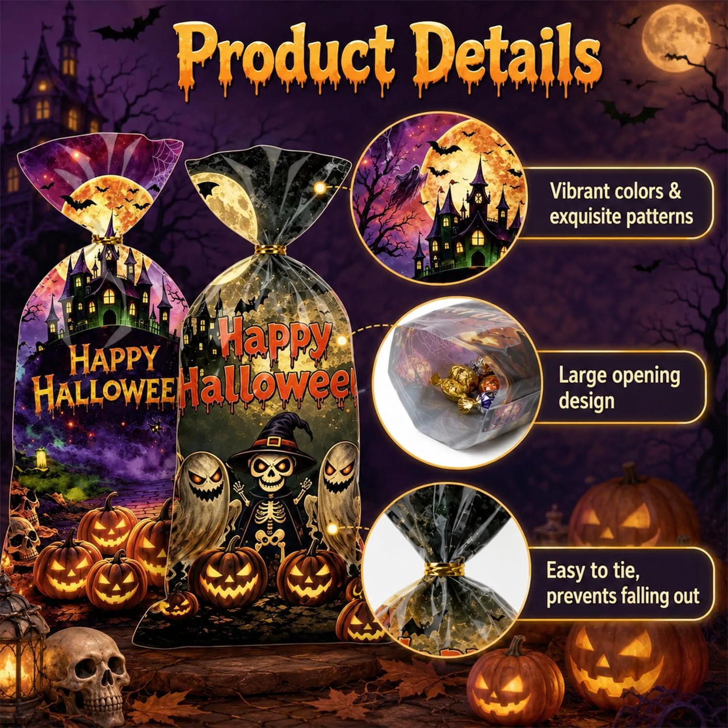 100Pcs Halloween Sweet Bags, Halloween Trick or Treat Bags with Twist Ties
