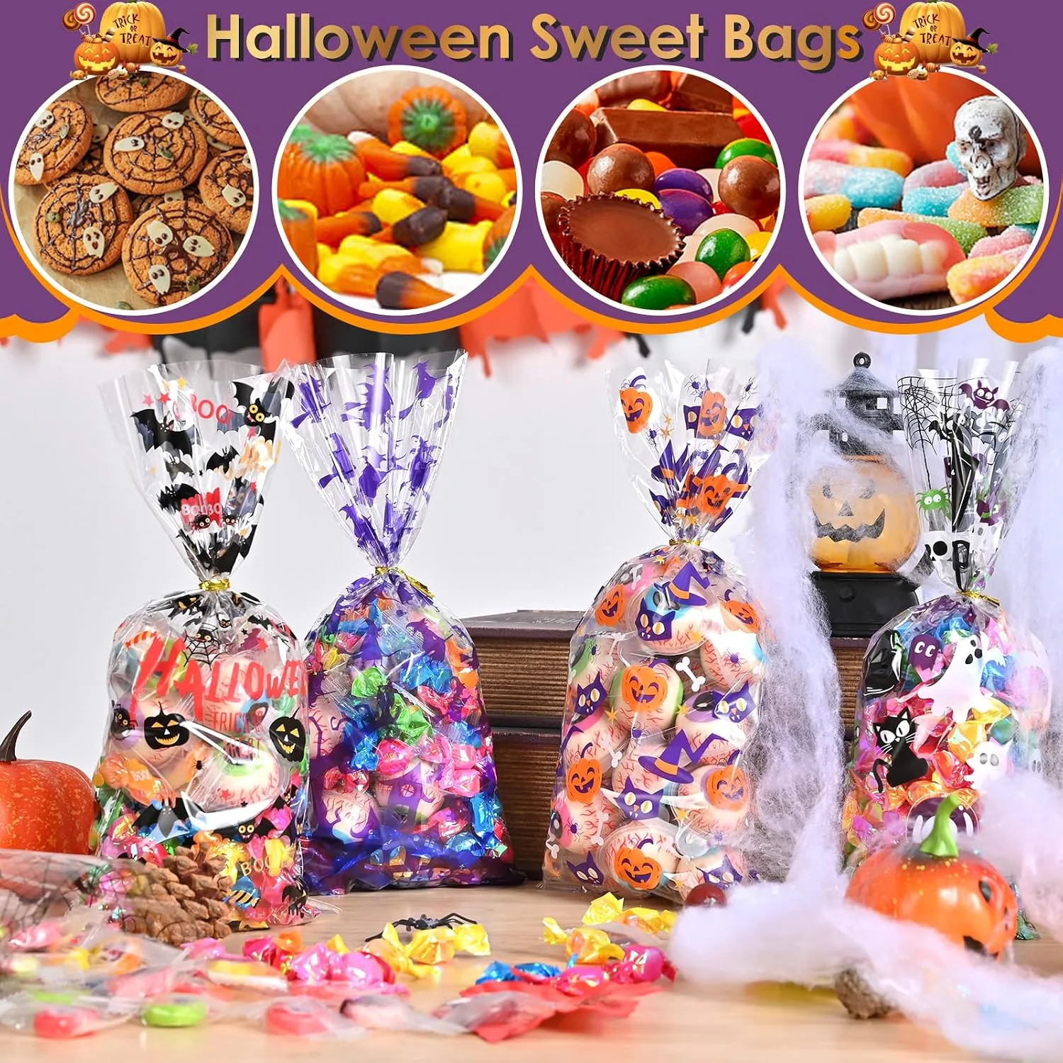 Ahfulife 200PCS Halloween Sweets Bags for Trick or Treating, Halloween Cellophane Candy Bags Treat Gift Bags with Twist Ties for Kids Party Decoration Supplies