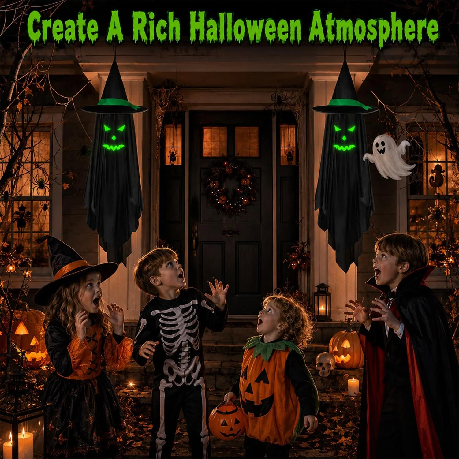 2Pcs Ghost Halloween Decorations Outdoor, Glow in the Dark Hanging Ghosts