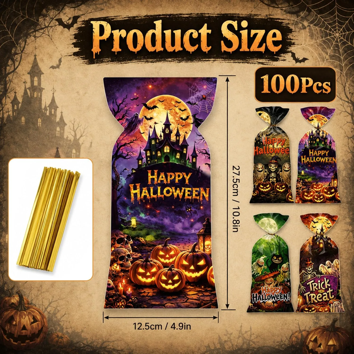 100Pcs Halloween Sweet Bags, Halloween Trick or Treat Bags with Twist Ties