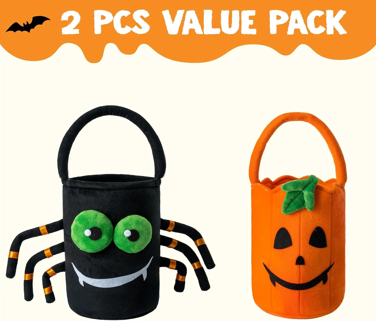 JOYIN Halloween Plush Candy Bucket, 5.9 x 8.7 Inch Spider and Pumpkin Halloween Basket with Handle, Trick or Treat, Gift for Kids, Party Supplies Decoration, Pack of 2