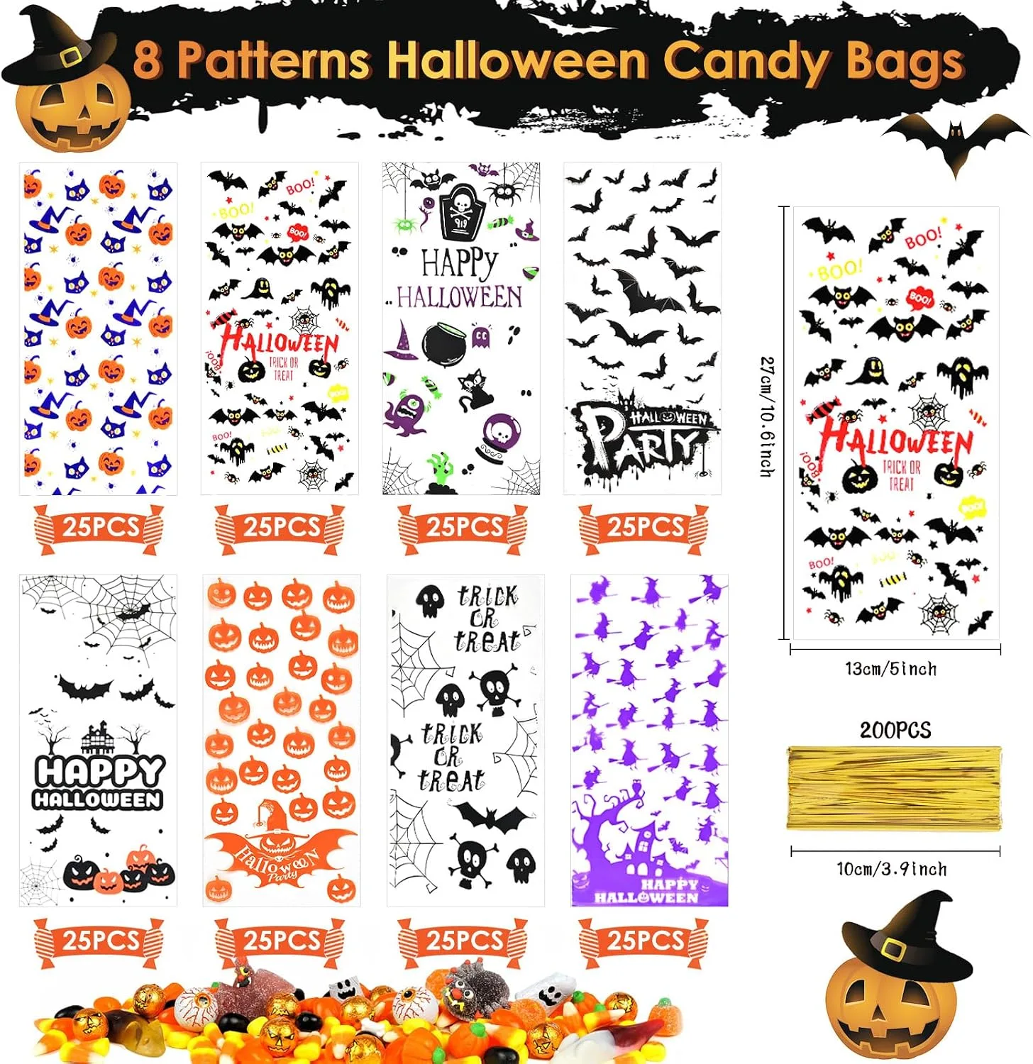 Ahfulife 200PCS Halloween Sweets Bags for Trick or Treating, Halloween Cellophane Candy Bags Treat Gift Bags with Twist Ties for Kids Party Decoration Supplies